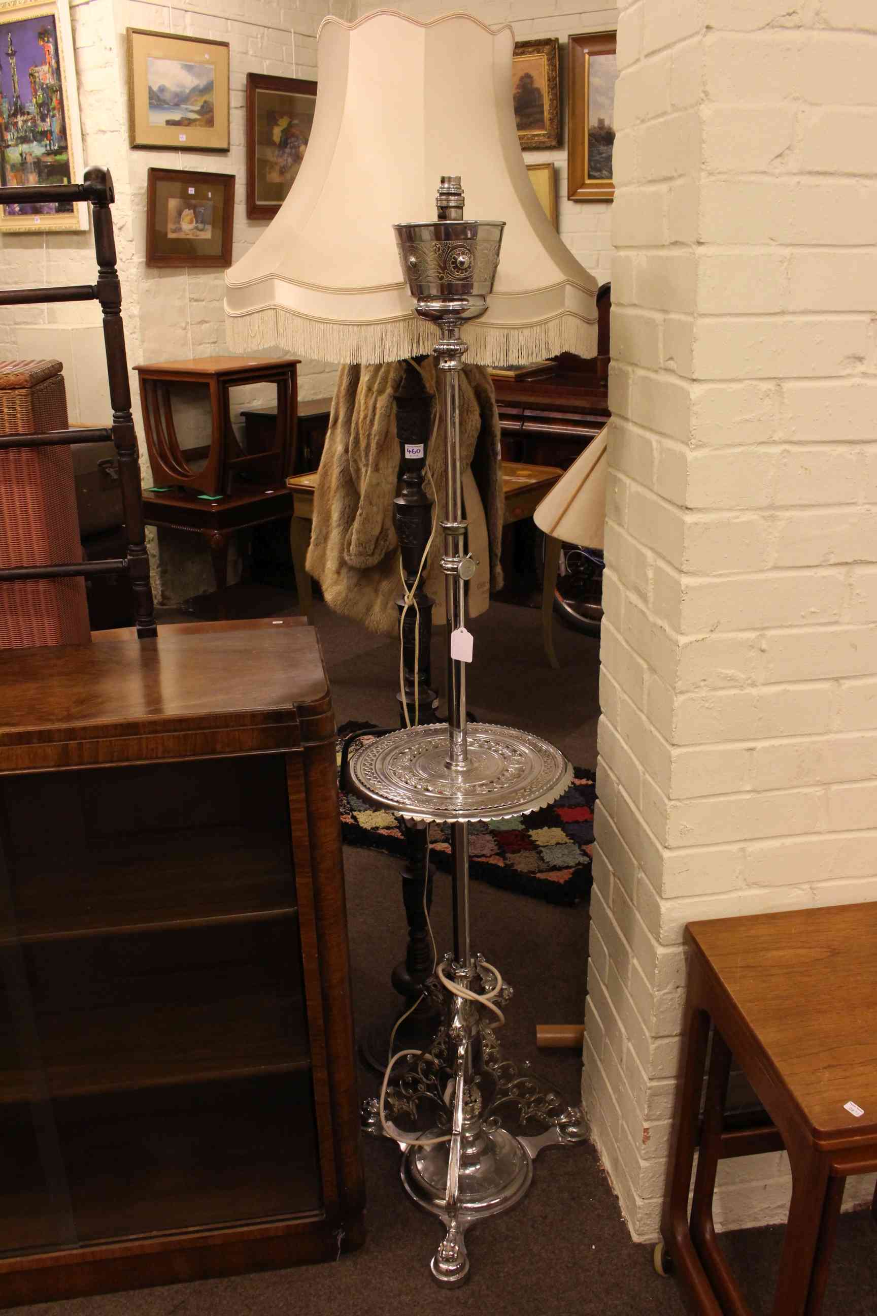 Silvered telescopic standard lamp and metal standard lamp and shade (2).