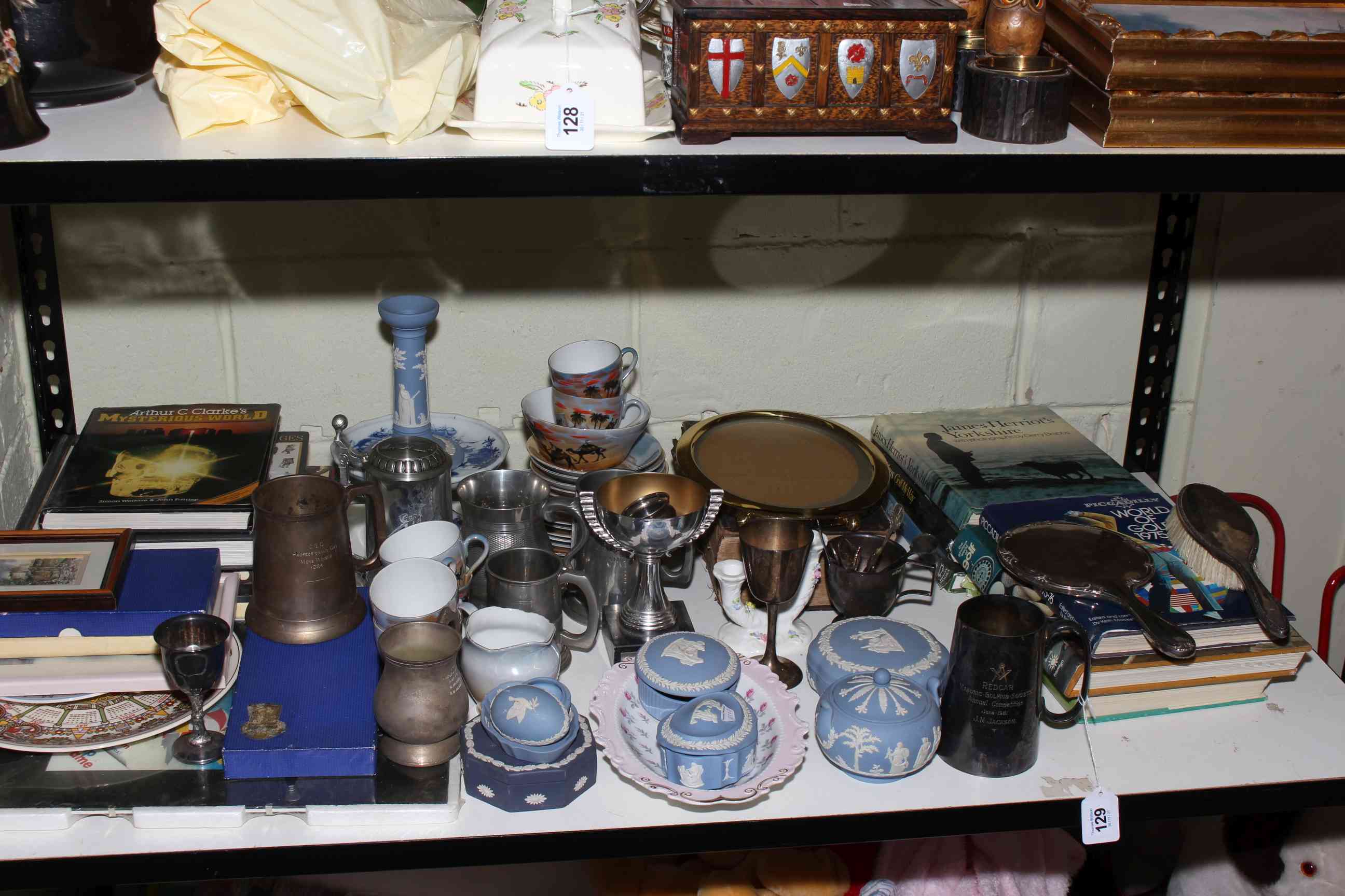 Golf memorabilia and books, Wedgwood blue Jasperware, boxed cutlery, silver mirror and brush,