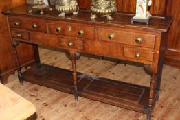 Period oak potboard dresser having three long drawers above three short drawers, on turned legs, 91.