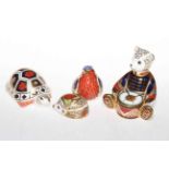 Four Royal Crown Derby paperweights, teddy bear, robin, tortoise and strawberry hedgehog.