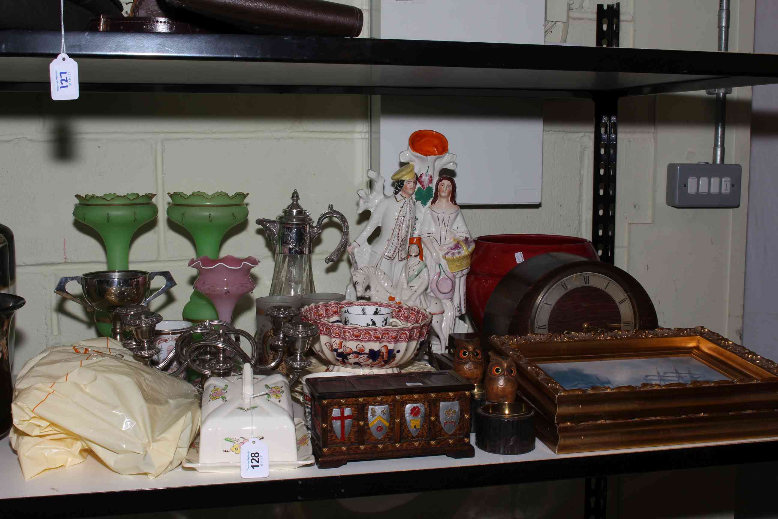 Staffordshire figurines, Victorian glass table lustres, mantel clock, metalwares, marine prints,