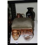 Carved wood and fabric foot stool, Doulton stoneware jug, wood and copper bound jug, brass pan, etc.