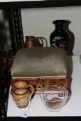 Carved wood and fabric foot stool, Doulton stoneware jug, wood and copper bound jug, brass pan, etc.
