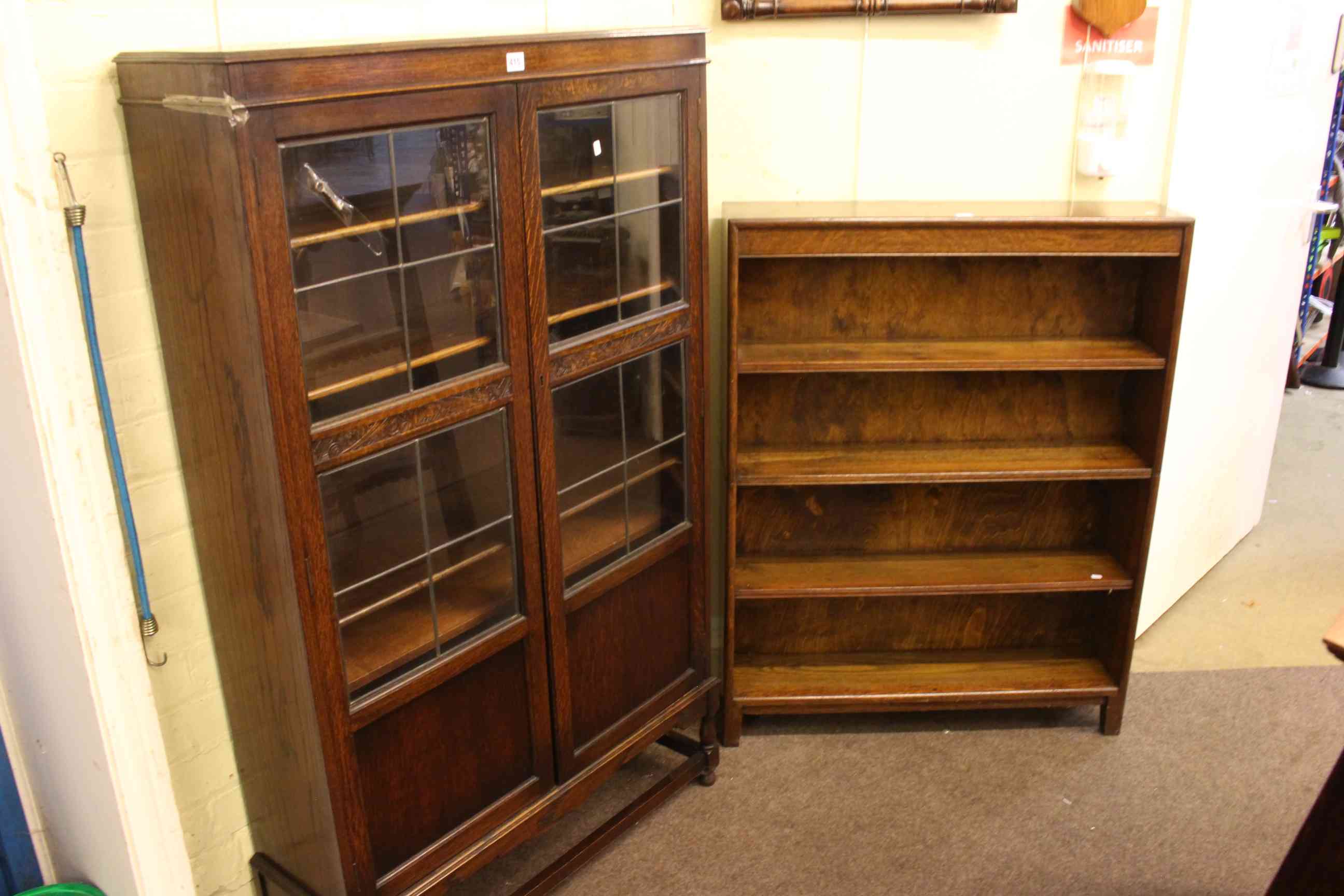 1920's oak leaded glazed two door bookcase and oak four tier open bookcase (2).
