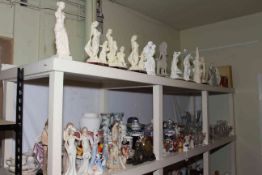 Large collection of figurines, lidded vases, glass wares, part tea sets, mantel clock,