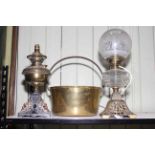 Victorian brass and glass reservoir lamp with shade,