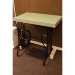 Vintage treadle cast base garden table with later hardwood top, 76.5cm x 71cm x 42cm.