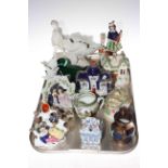 Victorian Staffordshire groups and pastel burners, Royal Doulton Eglinton Tournament jug,