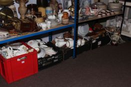 Five boxes of part tea and dinner wares, figurines, wall clock, table lamps, etc.