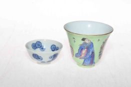 Small Chinese blue and white tea bowl and green ground figure and verse tea bowl (2).