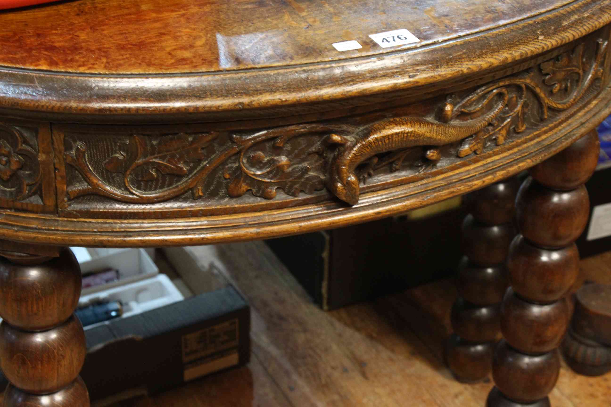 Carved oak single drawer demi-lune console table on bobbin legs, 76.5cm x 95cm x 48cm. - Image 2 of 2