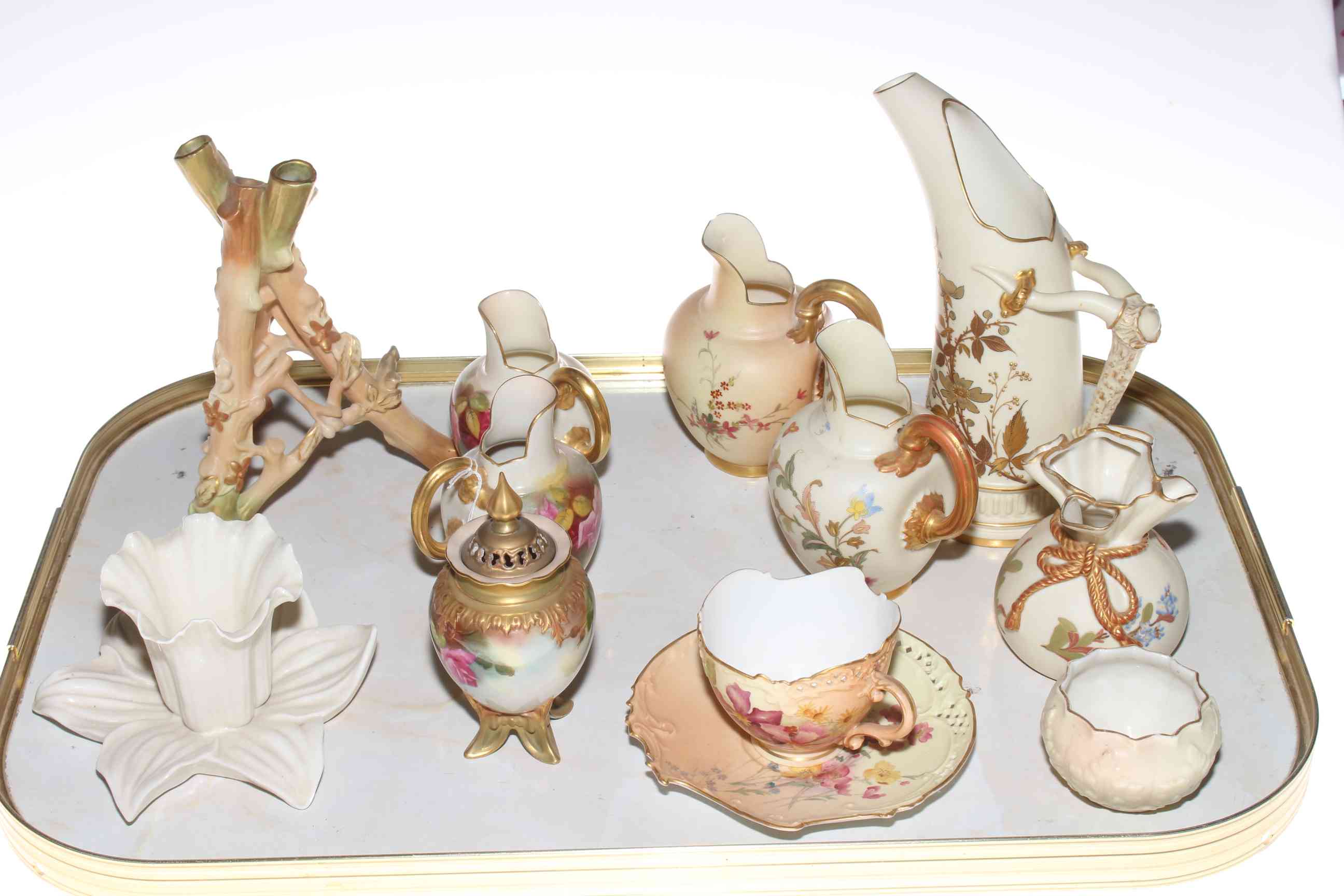 Collection of Royal Worcester Blush Ivory china including jugs, vases, cup and saucer,