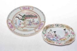 Two Chinese Export polychrome plates with figure decoration, 22.5cm diameter and 18.5cm across.