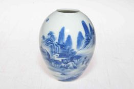 Chinese blue and white vase with continuous landscape decoration, six character mark, 10cm.