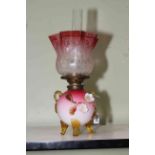 Victorian coloured glass oil lamp applied with flowers, 39cm to top of shade, converted to electric.