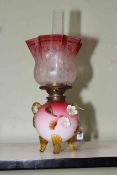 Victorian coloured glass oil lamp applied with flowers, 39cm to top of shade, converted to electric.