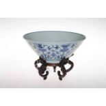 Antique Chinese blue and white bowl with Buddhist emblems, 21.5cm diameter with stand.