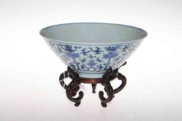 Antique Chinese blue and white bowl with Buddhist emblems, 21.5cm diameter with stand.