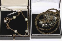 9 carat gold fine chain necklace with green quartz drops pendant, 9 carat gold pearl bracelet,