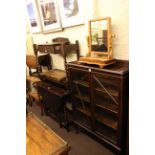 Early 20th Century two door oak bookcase, Victorian toilet mirror, oak stick stand,