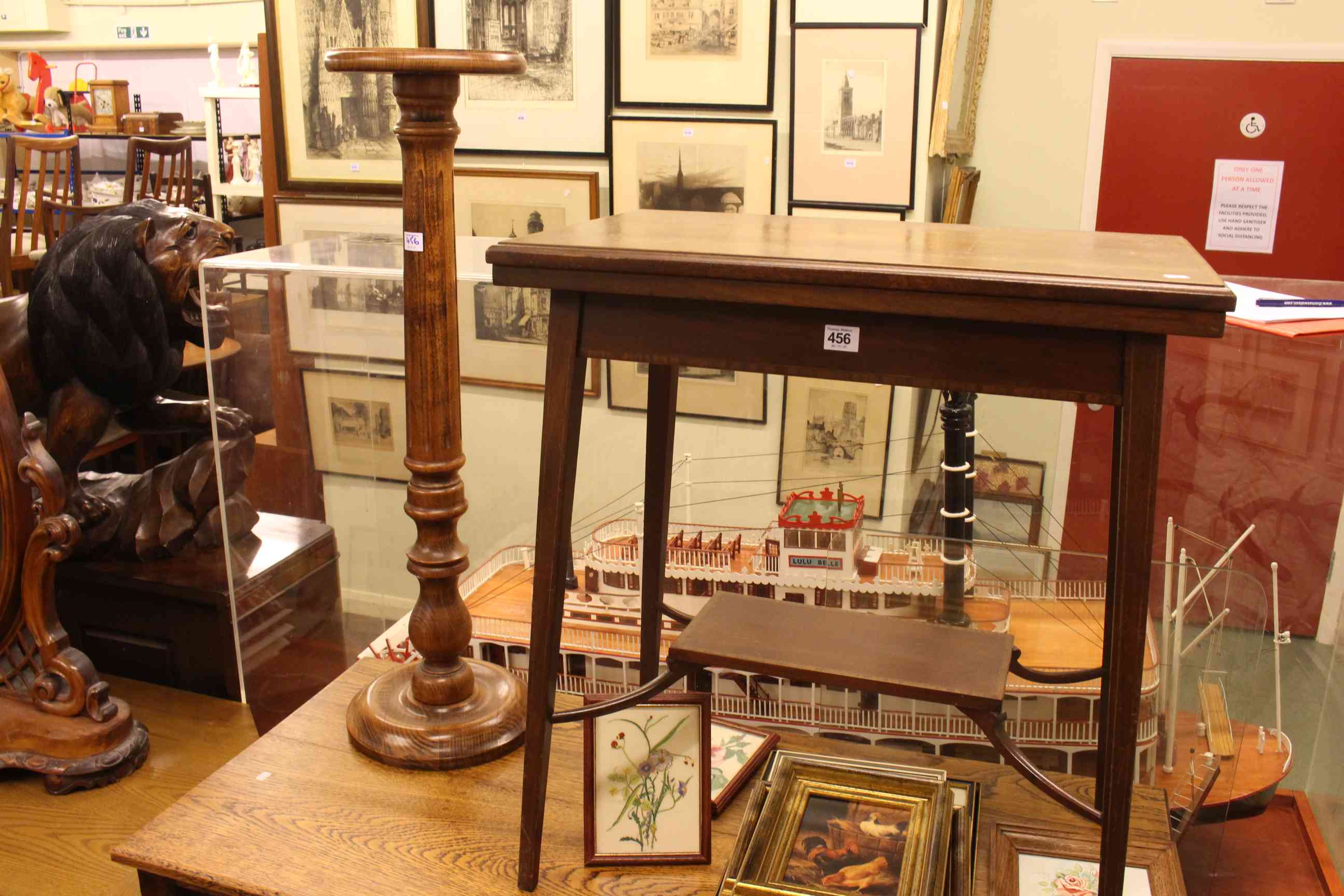 Edwardian mahogany fold top card table and turned column plant stand (2).