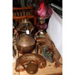 Brass and ruby glass oil lamp, copper fish jelly moulds, bird cage, kettle, etc.
