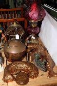 Brass and ruby glass oil lamp, copper fish jelly moulds, bird cage, kettle, etc.