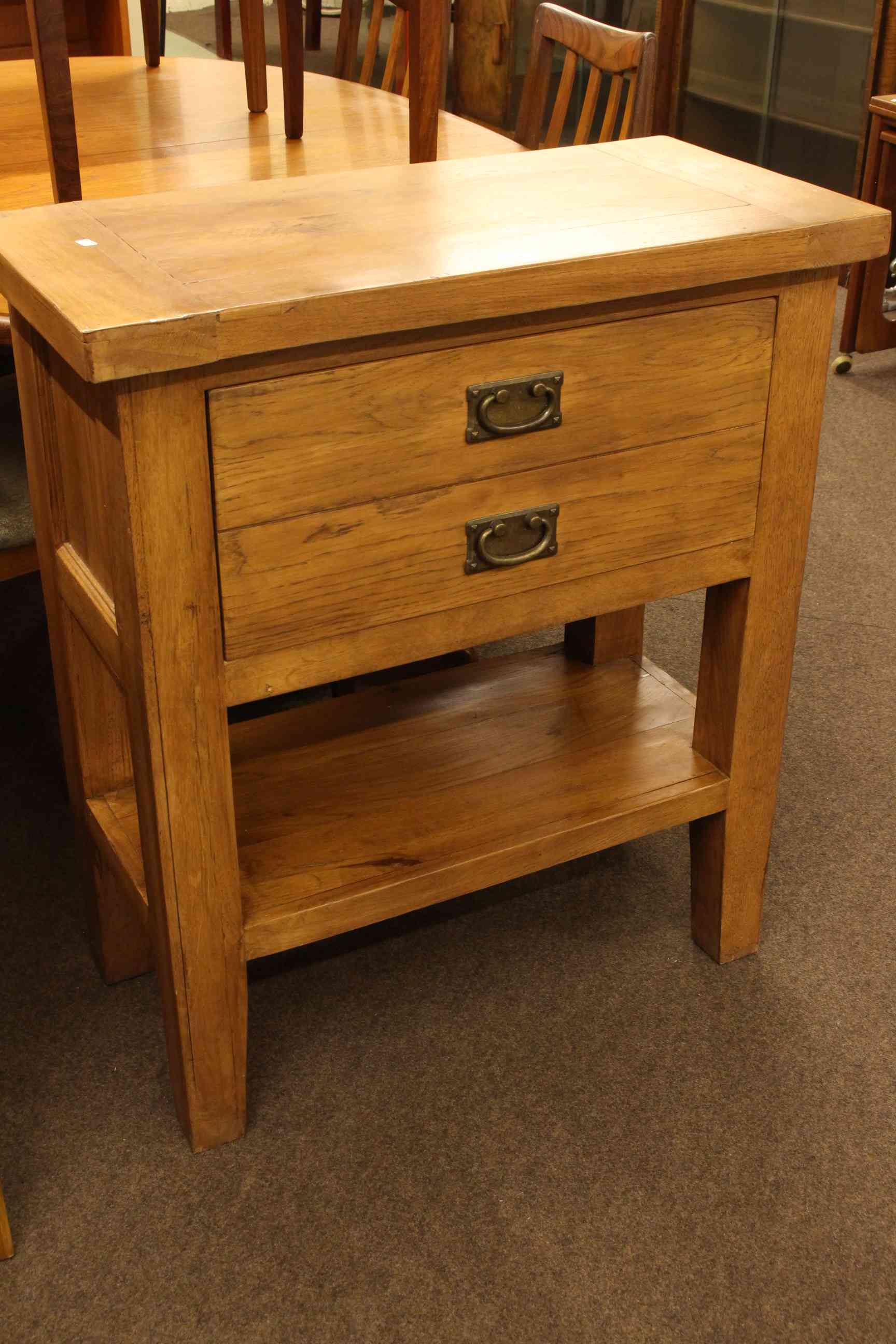 Oak deep drawer hall table with undershelf, 86.5cm x 75cm x 37cm.