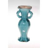 Chinese turquoise glaze two handled vase, 31cm high.