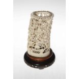 Cantonese intricately carved ivory tusk vase, with stand, 23cm overall.