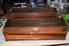 Pair of copper and brass rectangular plant troughs, 69cm by 19cm by 20cm.