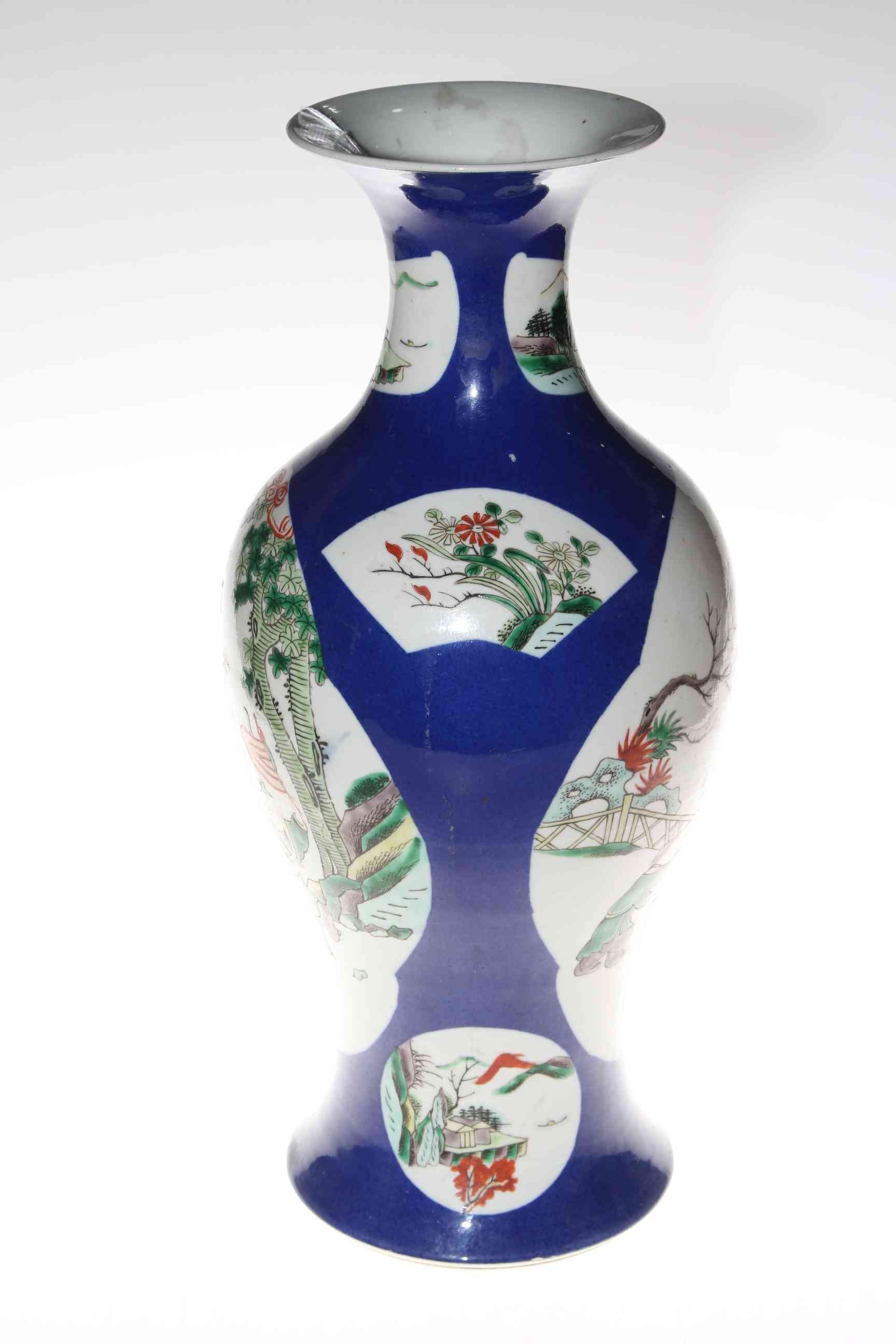 Chinese 19th Century famille verte powder blue vase, with figures, flowers and landscape decoration, - Image 2 of 4