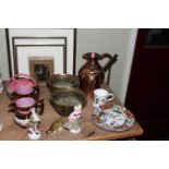 Victorian lustre jugs, Maling bowl, metal wares, Ironstone china plates, prints, etc.