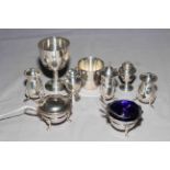 Collection of seven silver condiments, silver goblet and silver plate miniature bucket (9).