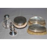 Silver topped scent bottle and powder bowl,