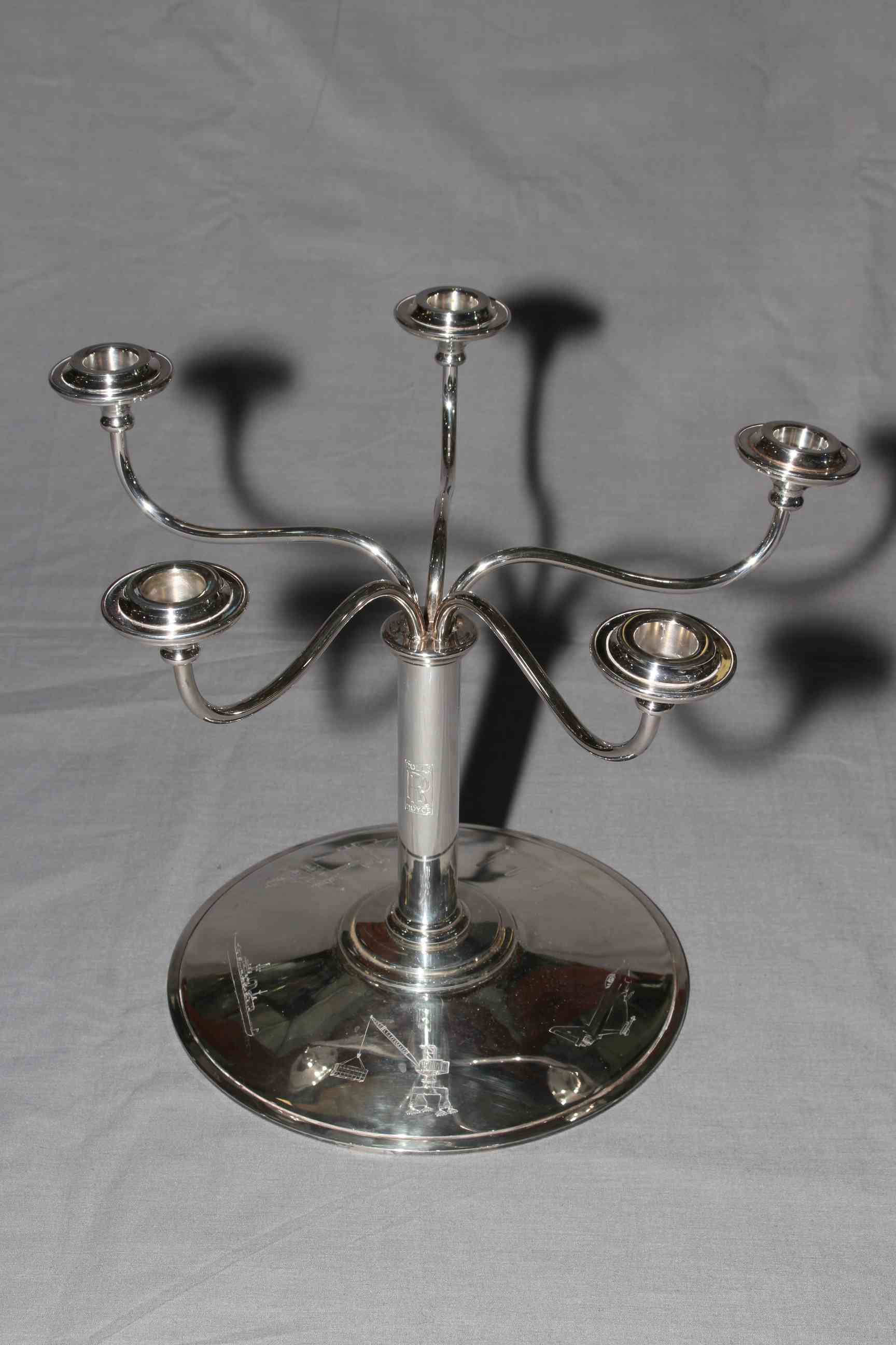 Silver Rolls Royce presentation candelabra, presented to Sir Terence Harrison 1996, 25cm high,