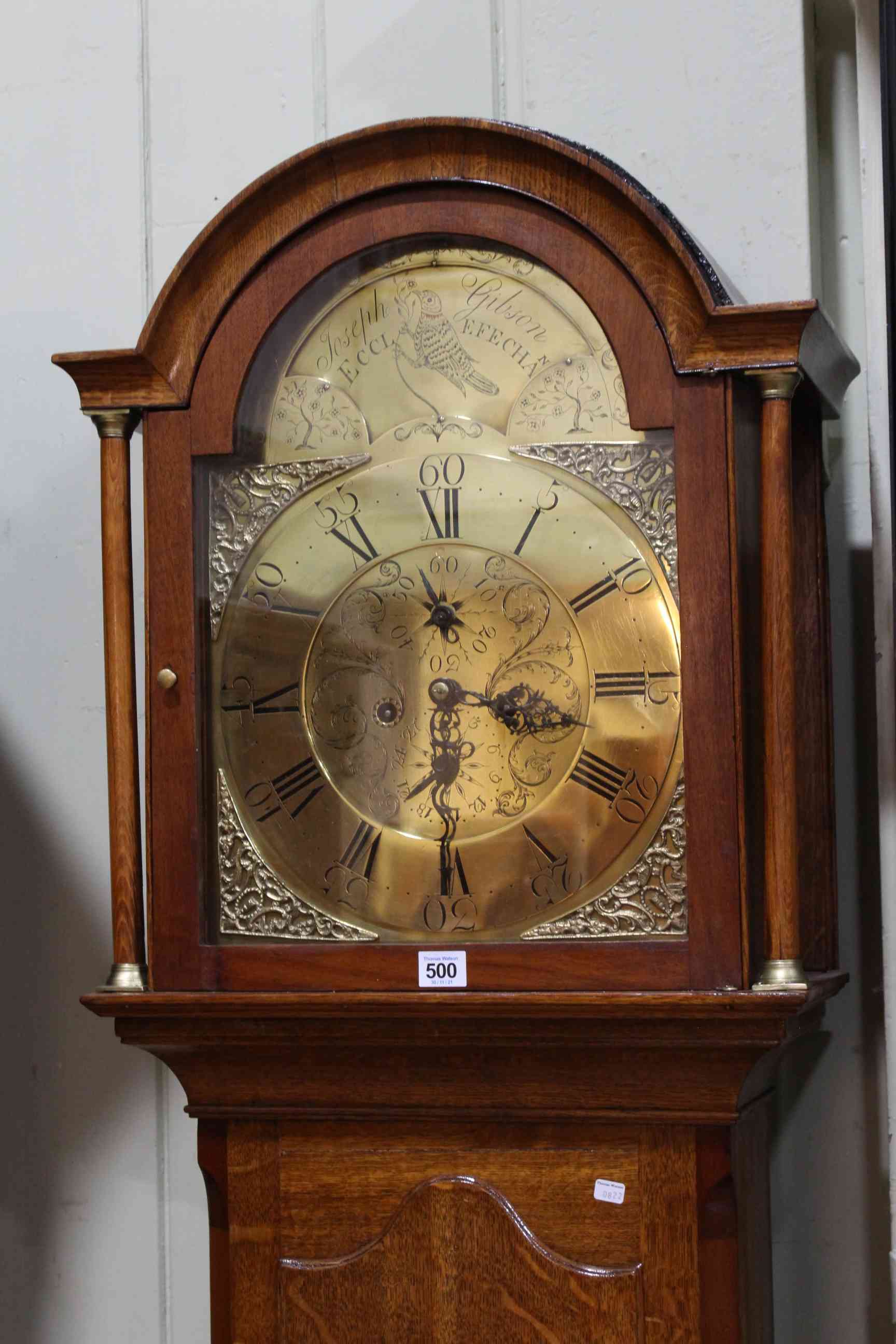 Antique oak 8-day longcase clock having arched brass dial, signed Joseph Gibson, Ecclefechan. - Image 2 of 2