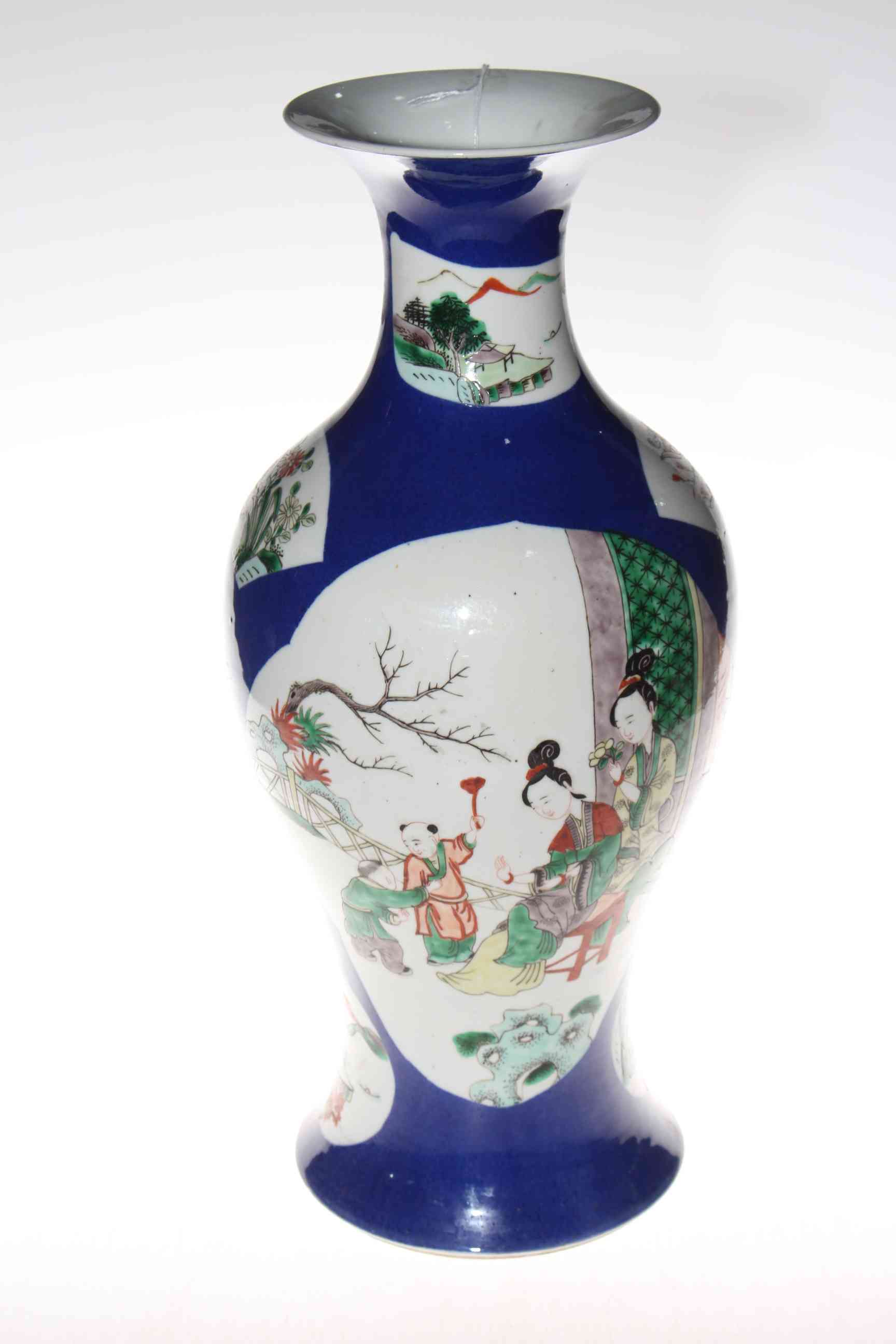 Chinese 19th Century famille verte powder blue vase, with figures, flowers and landscape decoration, - Image 3 of 4