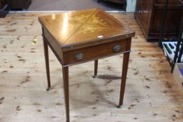 Edwardian inlaid mahogany envelope card table on square tapering legs bearing label for W.F.