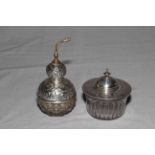 Victorian silver topped honey pot, London 1880 and silver topped perfume bottle, London 1913.