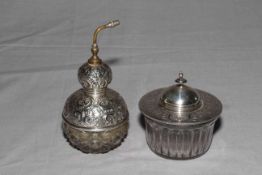 Victorian silver topped honey pot, London 1880 and silver topped perfume bottle, London 1913.