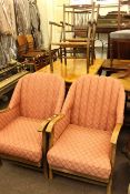 Rectangular pine dining table, pair rush seated elbow chairs, pair Edwardian bedroom chairs,