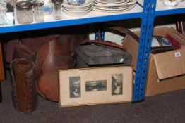 Leather saddle, boxed bowler hat, leather spats, Wedgwood blue Jasperware bowl, box camera, etc.