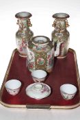 Collection of Chinese ceramics including pair Cantonese vases, teapot and tea bowls.