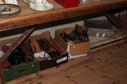 Three boxes of metalwares, binoculars, etc, together with train track,