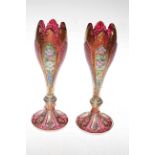 Pair Bohemian overlay glass vases, painted with flowers on gilt, 28cm.