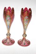 Pair Bohemian overlay glass vases, painted with flowers on gilt, 28cm.