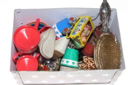 Box of collectables including Noah's ark, tin pram, shoes, silver brush etc.