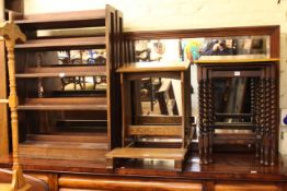 Nest of three oak twist leg tables, organ stool and pair open bookcases (4).