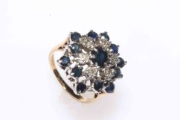 Sapphire and diamond cluster 9 carat gold ring, size M/N.